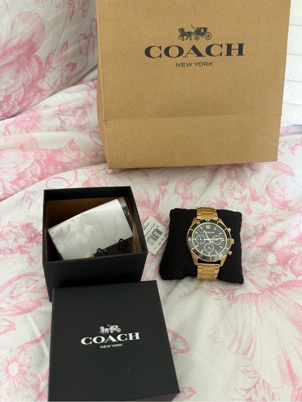 Coach Gold-Tone Chronograph Watch with Black Dial and Bracelet
